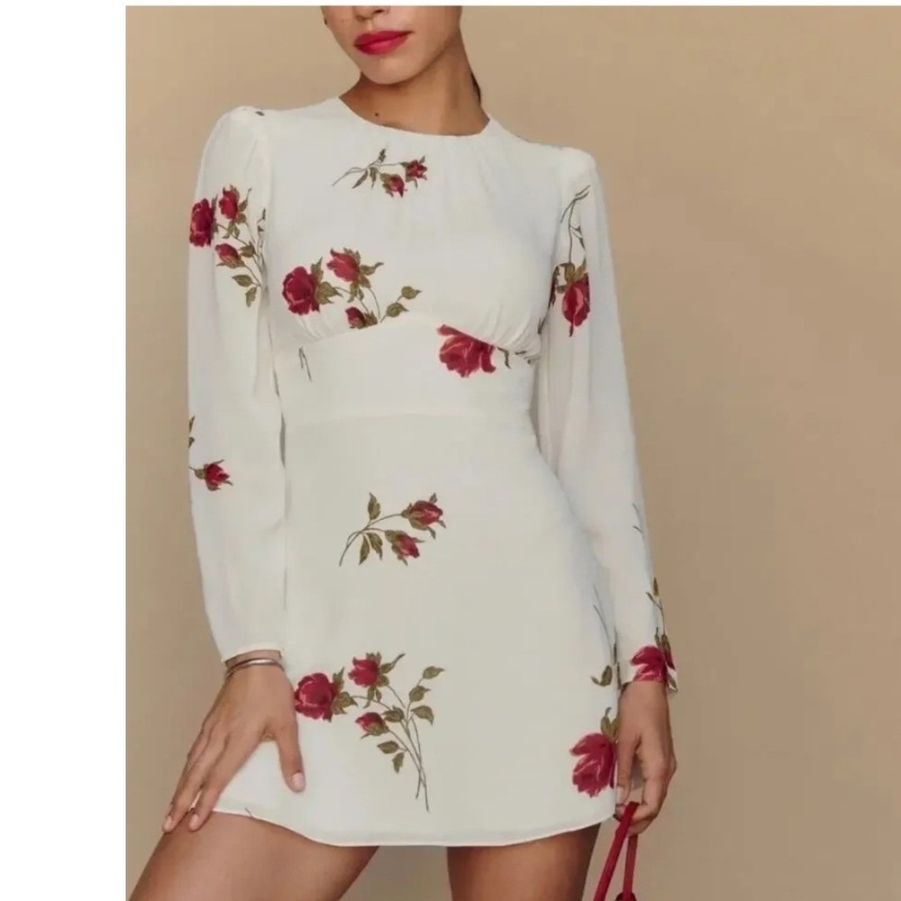 Reformation Laken Dress Women 4 Viscose Floral Rose Print Long Sleeve Mini Ecru